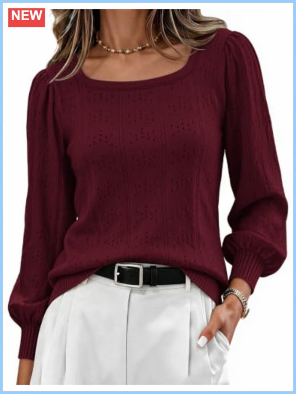 Women's Square Neck Puff Sleeve Knit Sweater Pullover Casual Tunic Top